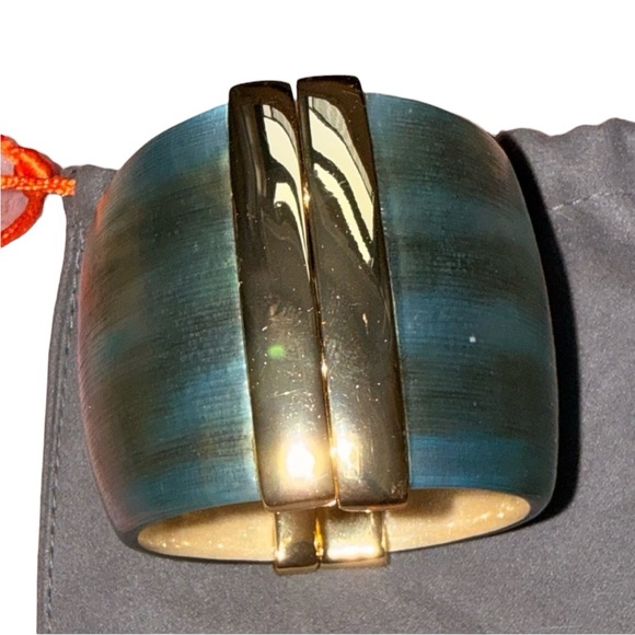 Alexis Bittar Teal Lucite and 14k Gold Plated Hinged Cuff Bracelet and Dustbag - Picture 7 of 14